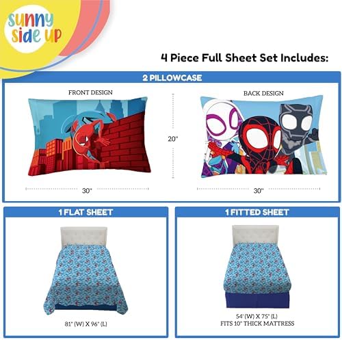 Sunny Side Up Kids Sheet Set Includes Sheets and Pillow Cover - 100% Microfiber Bedding and Room Decor, Blue - Spiderman, 4 Piece Full