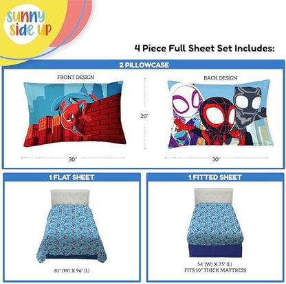 Sunny Side Up Kids Sheet Set Includes Sheets and Pillow Cover - 100% Microfiber Bedding and Room Decor, Blue - Spiderman, 4 Piece Full