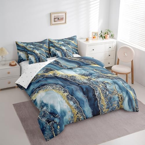 Erosebridal Indigo Tie Dye Bedding Set for Kids Teens,Abstract Marble Comforter Set Full Size,Ink Fluid Art (Comforter+Fitted+Flat Sheet+2 Pillowcases+2 Throw Pillow Covers) 7 Pieces Bed Set