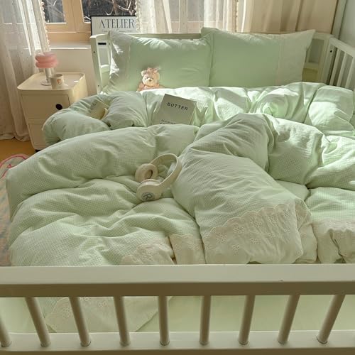 VM VOUGEMARKET Green Gingham Grid Duvet Cover Queen 3 Pieces White Lace Duvet Cover with 2 Pillowcases Green Plaid Comforter Cover Romantic Cozy Bedding Set for Girls