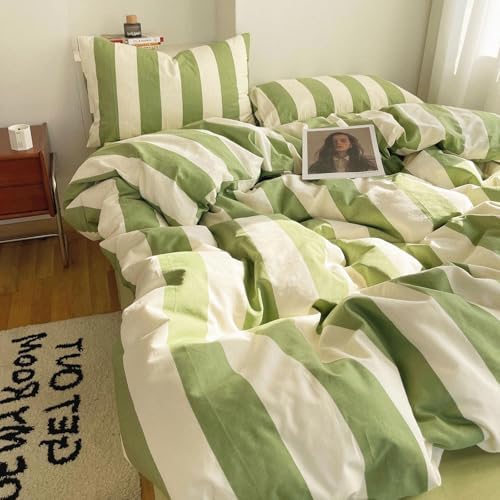 LifeTB Striped Comforter Set Twin XL Fluffy Soft Modern Style Green White Stripes Pattern Printed Bedding Set 3 Pieces Retro Striped Comforter with 2 Pillowcases Cozy Lightweght Bedding Comforter Set