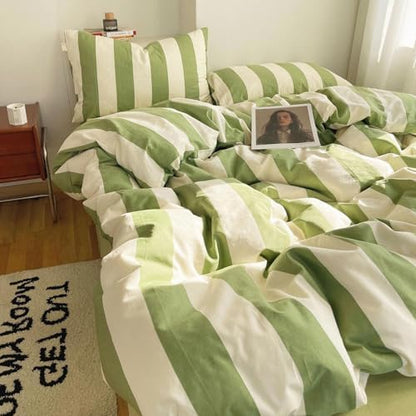 LifeTB Striped Comforter Set King Green White Stripes Pattern Printed Comforter Soft Fluffy Lightweight Bedding Set for All Seasons Reversible 3 Pieces Farmhouse Stripe Comforter with 2 Pillowcases