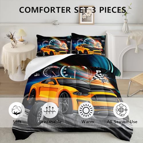 Axolotl Race Car Bedding - Full Size Boys Extreme Sports Comforter Set with 2 Pillowcases - Yellow Cool Car Quilt Set
