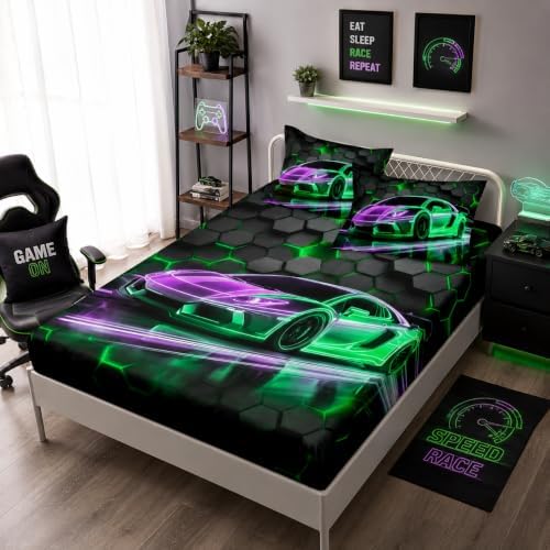 HOSIMA Kids Gaming Race Car Twin Bedding,1 Fitted Sheet+2 Pillowcases.