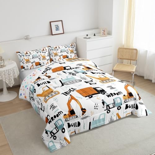 Feelyou Cartoon Car Kids Comforter Cute Excavator Tractor Comforter Set Boys Construction Bedding Set Vehicles Truck Cars Duvet Set Building Equipment Quilt Colorful Decor King Size 3Pcs Boys