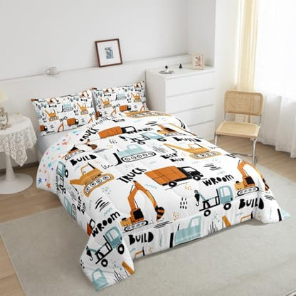 Feelyou Kids Cartoon Excavator Bedding Set Boys Vehicles Truck Car Comforter Child Cute Building Equipment Comforter Set Funny Construction Transport Duvet Set Colorful Room Decor Queen Size Boys