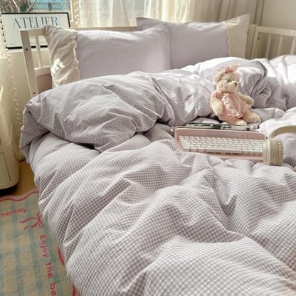 LifeTB Purple Gingham Comforter Set Queen Romantic Lace Style Checkered Pattern Comforter Set Farmhouse Purple Grid Plaid Bedding Comforter Queen Fluffy Soft Lightweight Gingham Bedding Set