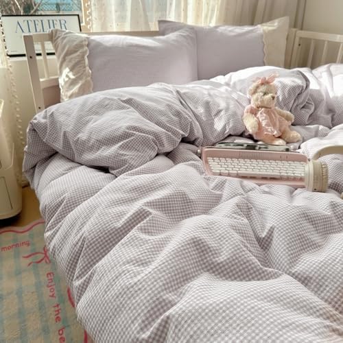LifeTB Purple Gingham Comforter Set Twin XL Fluffy Soft Princess Style Girls Lace Bedding Set Cottagecore Cute Plaid Checkered Comforter with 2 Pillowcases Chic Gingham Bedding Grid Comforter Set