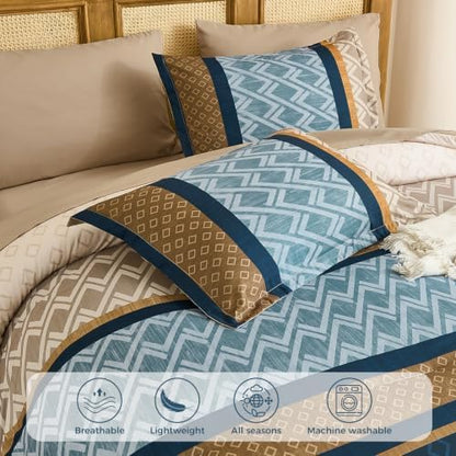 Queen Comforter Set 7 Pieces,Blue and Brown Boho Striped Bed in a Bag