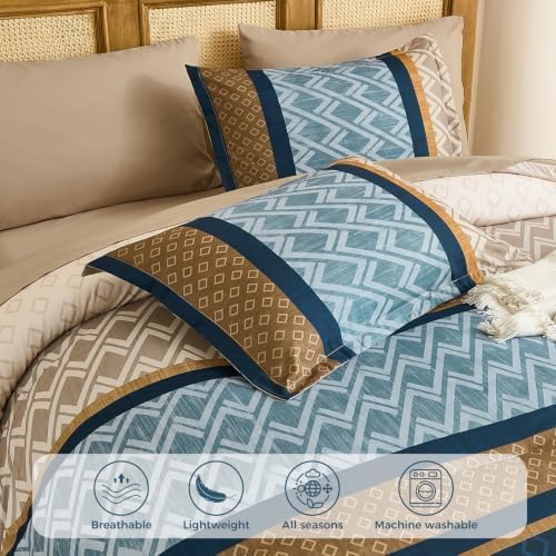 King Comforter Set 7 Pieces,Blue and Brown Boho Striped Bed in a Bag