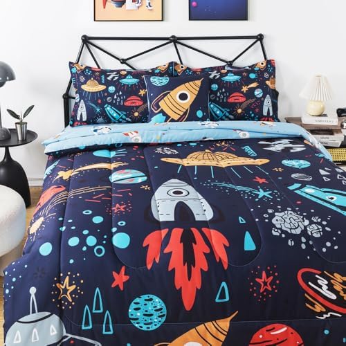 ADASMILE A & S Space Comforter Twin Size for Boys 6 Pieces Rocket Bedding