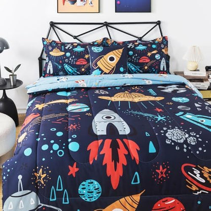 ADASMILE A & S Space Comforter Twin Size for Boys 6 Pieces Rocket Bedding