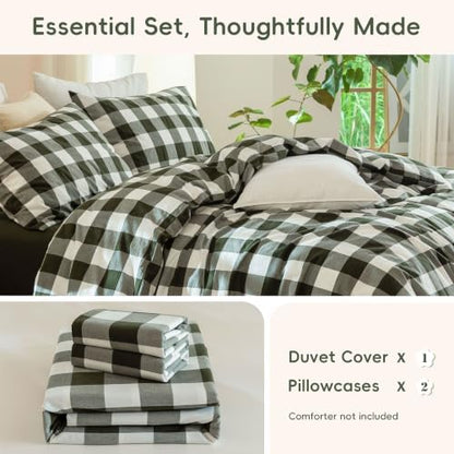 JIYUAN Queen Washed Cotton Duvet Cover Set, 3-Piece, Buffalo Check