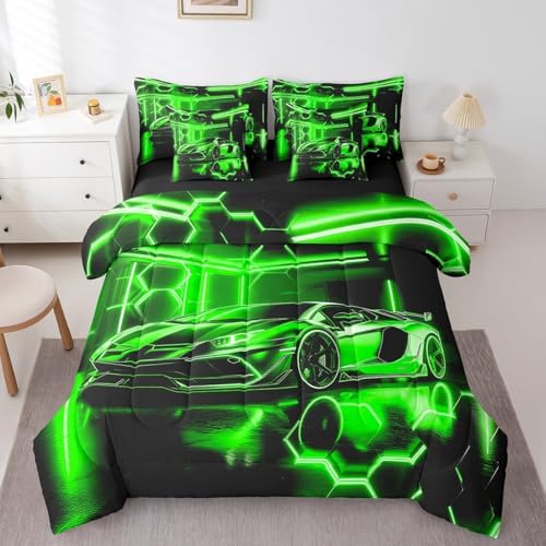 Feelyou Speed Sports Car Comforter Set with Sheets Twin Size Kids Race Car Honeycomb 7 Pieces Bedding Set for Boys Girls Teens Racing Car Bed in a Bag Extreme Sports Bed Set Green Black