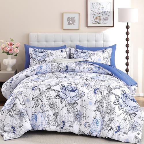 Luxudecor Queen Floral Comforter Set-7 Pieces Blue Bed in a Bag,Blue Flower Print on White Bedding Set,Soft Microfiber Comforter with Sheets for All Seasons (Blue,90"x90")