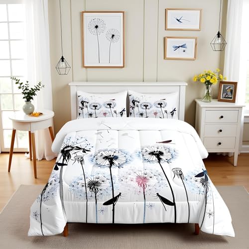 Castle Fairy Dragonfly Comforter Set Full Size,Colorful Dandelion Bedding 3pcs for Kids Girls Woman Adult Room Decor,Nature Flying Animals Plants Quilt Modern Boho Duvet Insert,2 Pillowcases,White