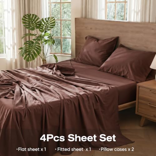 100% Pure Linen Blend 4 Piece Sheet Set, Cooling and Breathable Flax Bed Sheets for Hot Sleepers, All Season Comfort, Anti-Tear and Durable Bedding, 18 Inch Deep Pocket(Chocolate Brown,Queen)