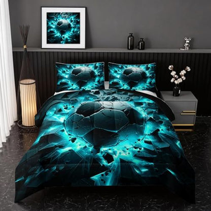 Nttopship Soccer Bedding Comforter Set Full Size for Kids Teens and Adults, Turquoise Black Football Printed Bedding Sets 3 PCS,Ball Sports Themed Bedroom Decor with 1 Comforter and 2 Pillowcases