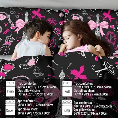 Eiffel Tower Comforter Set Twin Size,Eiffel Tower Bedding Set for Girls, Pink and Black Paris Themed Comforter Bedroom Decor,Paris Quilt French Style Romantic Bedding