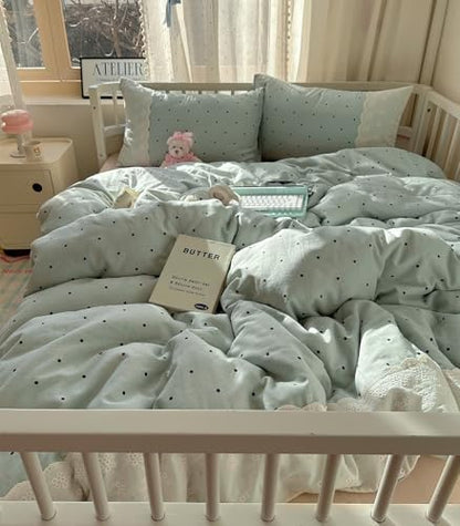 VM VOUGEMARKET Sage Green Bedding Set Twin 3 Pieces Black Dots Duvet Cover Set with Lace Edge-Soft Microfiber Princess Style Comforter Cover for Teen Girls-68x86 Inch