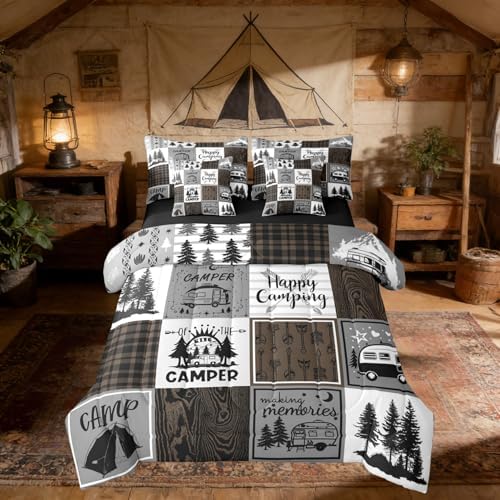Erosebridal Happy Camping Twin Comforter Set 7 Piece,Rv Camper Bed in A Bag for Boys Adults Men,Camper Decor Bedding for Travel Trailers Bunk,Rustic Farmhouse Buffalo Plaid Bed Set Brown Grey