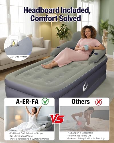 A-ER-FA Twin Air Mattress Built in Pump 20" Raised Comfort Inflatable Mattress with Headboard & Cup Holders, Fast & Easy Inflation Air Bed Twin XL Blow Up Mattress for Home, Guest, Camping, Outdoor