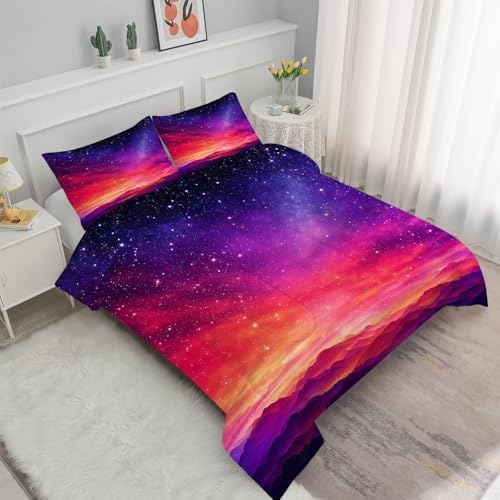 Galaxy Comforter Set Twin Size Space Bedding for Girls Boys Kids Red Gradient Starry Sky Glitter Star Bedroom Decor Quilt Bed Sets, 1 Comforter 1 Pillowcase