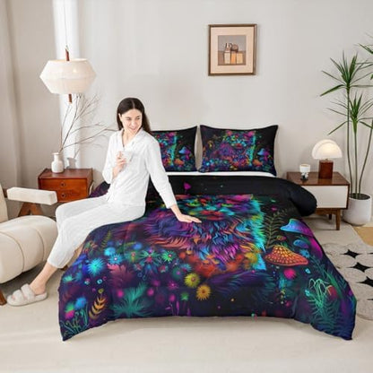 Manfei Neon Cat Kids Comforter Set Full Size,Daisy Flowers Mushroom Botanical Rustic Bedding Set,Girls Boys Room Decor,Butterfly Leaf Jungle Quilt Comforter,Farmhouse Retro Duvet Insert,2 Pillowcases