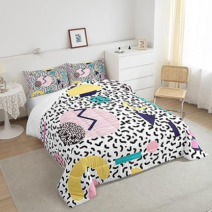 Manfei Memphis Comforter Set Twin Size, Vintage Hip Hop Quilt Set with 1 Pillowcase, Retro 80s or 90s Geometric Fashion Style Bedding Set 2pcs for Kids Boy Girls Lightweight Duvet Insert