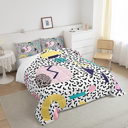 Manfei Memphis Comforter Set Full Size, Vintage Hip Hop Quilt Set with 2 Pillowcases, Retro 80s or 90s Geometric Fashion Style Bedding Set 3pcs for Kids Boy Girls Lightweight Duvet Insert