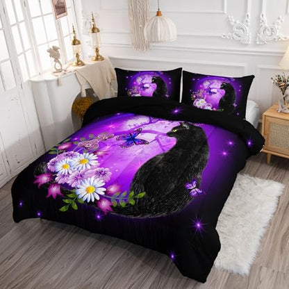 Axolotl Black Cartoon Cat Bedding Comforter Set King,Cute Cat Bedding for Kids,Daisy Butterflies Print Kids Bedding for Boys Girls Adults,Animal Flowers Comforter Set All Season,1 Quilt 2 Pillow Cases