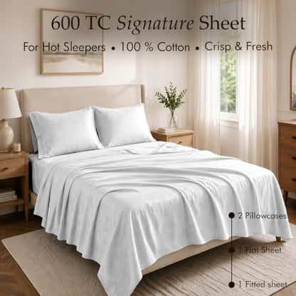 Threadmill 100% Cotton Sheets for King Size Bed - 600 Thread Count King Bed Sheets Set with 16” Deep Pocket - Jacquard Sateen Weave 4-Piece Bedding Set with Cooling Effect, White