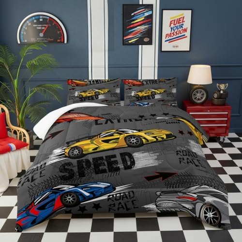 Race Car Full Comforter Set for Boys，Race Car Full Bedding Sets for Boys，Hot Wheels Cars Full Bedding Set，Theme Room Decor