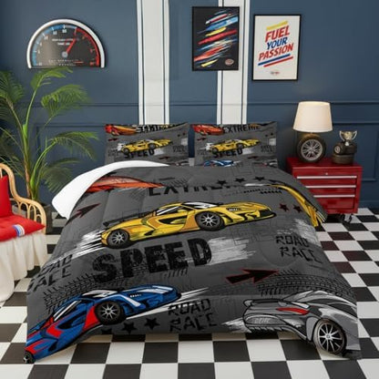 Race Car Full Comforter Set for Boys，Race Car Full Bedding Sets for Boys，Hot Wheels Cars Full Bedding Set，Theme Room Decor
