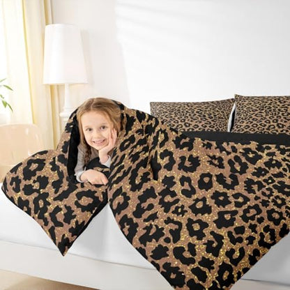 Black Leopard Kids Comforter Set King Size,Wild Animal Cheetah Skin Dots Bedding Set,Girls Boys Room Decor,Wildlife Golden Glitter Fashion Quilt Comforter,Brown Rustic Duvet Insert,2 Pillowcases