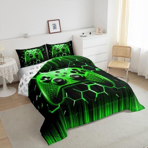 Manfei Modern Gamer Comforter Set Twin Size, Green Honeycomb Gamepad Down Comforter with 1 Pillowcase, Vodeo Games Bedding Set 2pcs for Kids Boys Girls Bedroom Decor Teens Gaming Duvet Insert