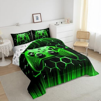 Manfei Modern Gamer Comforter Set Twin Size, Green Honeycomb Gamepad Down Comforter with 1 Pillowcase, Vodeo Games Bedding Set 2pcs for Kids Boys Girls Bedroom Decor Teens Gaming Duvet Insert