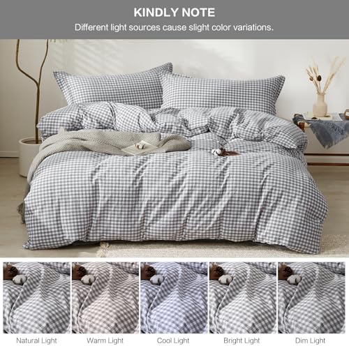 SAPHREAS Gingham Duvet Cover Set Queen Size, 100% Washed Cotton Linen Like Plaid Comforter Cover with Zipper Closure & Corner Ties (No Comforter), 90x90 Grey