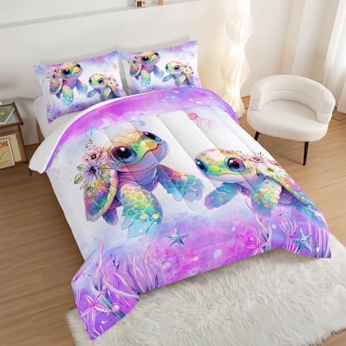 Kids Comforter Set Turtle Bedding Twin Size with 2 Pillowcases.
