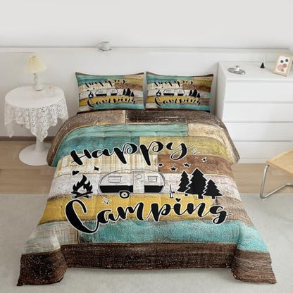 Happy Camping Car Comforter Set King Size,RV Camper Trailer Decor Bedding Set 3pcs for Kids Boys Girls Adults,Vintage Wooden Plank Cabin Down Comforter,Rustic Farmhouse Duvet Insert,2 Pillowcases