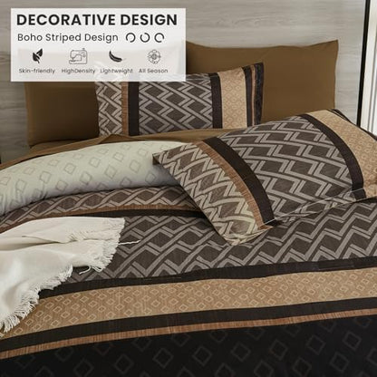 Cottolester Brown Comforter Set King Size,Fall Striped Bed in a Bag