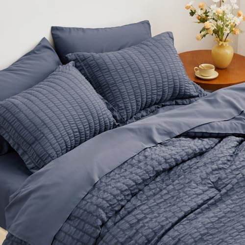 Love's cabin Seersucker Navy Blue Twin XL Comforter Set
