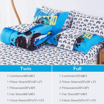 Viviland Monster Off - Road Truck 7 PCS Kids Bedding Set Full Size Comforter Sets, Bed in a Bag Cool Off - Road Adventure Theme Cover Set for Children