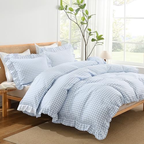 Andency Blue Gingham Duvet Cover King, Ruffle Shabby Chic Bedding Set 3 Pcs