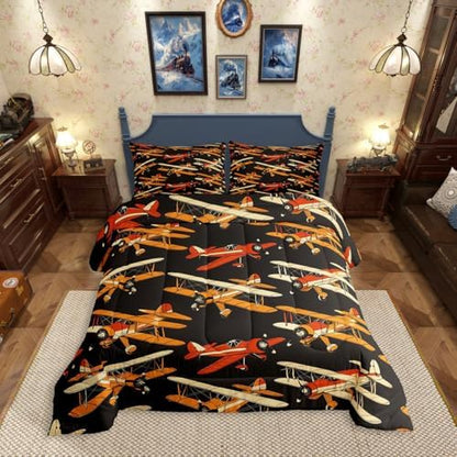 Erosebridal Cartoon Aircraft Bedding Set King, Modern Airplane Comforter Set, Propeller Plane Black Comforter for Kids Boys Men Bedroom Decor, Aviation Theme Quilt with 2 Pillowcases, 3 Pcs