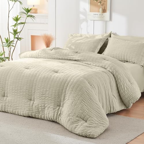 HYMOKEGE Light Linen Full Size Comforter Sets Seersucker 7 Pieces, All Season Luxury Bed in a Bag for Bedroom, Bedding Set with Comforter, Sheets, Pillowcases & Shams