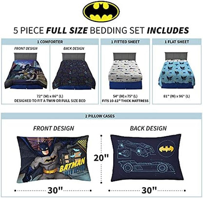 Franco Kids Bedding Super Soft Comforter and Sheet Set, 5 Piece Full Size, Batman