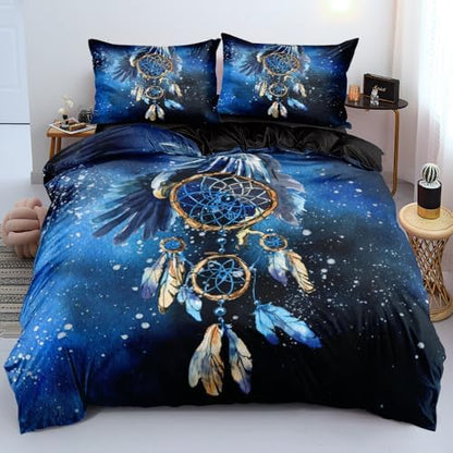 Blue Dream Catcher King Duvet Cover Boho Style – Bohemian Bedding Set with Tribal Print – Soft Microfiber Boho Comforter Cover for Bedroom Décor