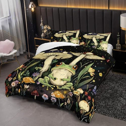 Nttopship Frog Mushroom Comforter Bedding Set with 2 Pillowcase Full Size Cartoon Frog Mushroom Butterfly Comforter Set for Kids Boys Girls Bedroom Decor