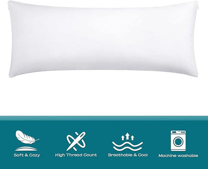 100% Cotton Zippered Body Pillow Cover, Super Soft & Breathable Body Pillow Pillowcase with Zipper, White Body Pillow Case Cover 20x54 Inches, 1 Pack